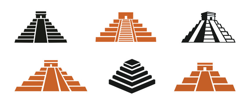 Mayan Pyramid and Ancient Temple Icon Set &ndash; Pre-Columbian Architecture Vector Collection.