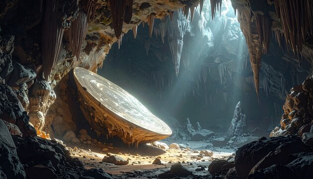 Rare cave shield speleothem with sunlight filtering through underground cavern
