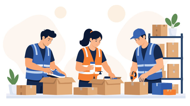 Team of Diverse Warehouse Workers Organizing Packages in a Modern Workspace Full of Boxes and Plants