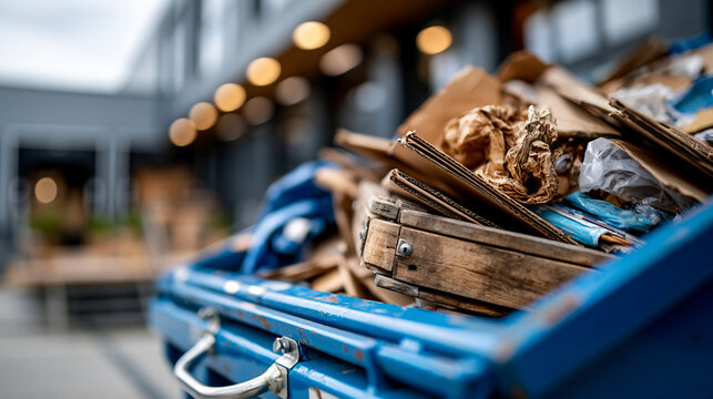 Large blue industrial dumpster container overflowing with flattened cardboard crumpled paper waste and plastic packaging materials positioned outside a business building