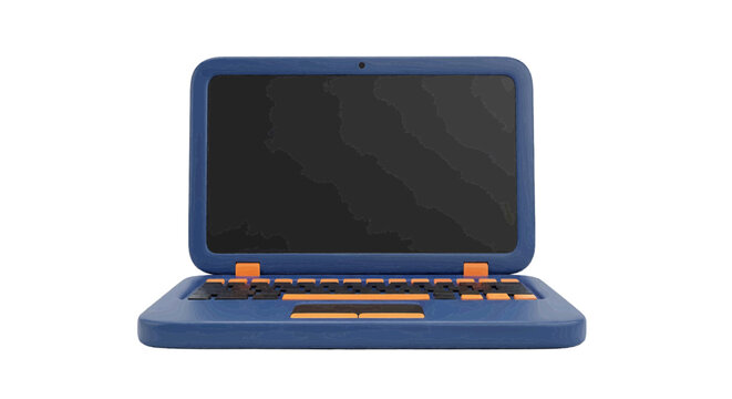 Vector illustration of stylized blue laptop computer with orange accents on a transparent background
