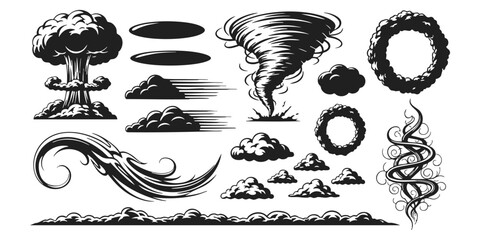 Set of black and white cartoon cloud explosion tornado and smoke weather icons for graphic design and illustration © GraphixEra