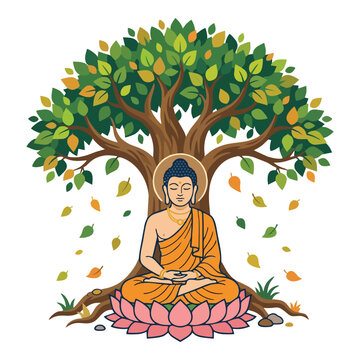 Peaceful buddha sitting in a meditative lotus position under a large sprawling bodhi tree while calm falling leaves surround the spiritual figure in this vibrant and colorful vector graphic illustrati