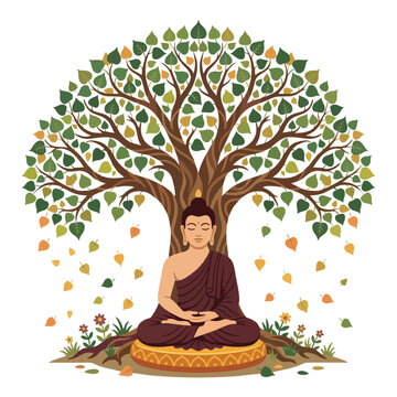 Meditating buddha sitting in a peaceful lotus position under the sacred bodhi tree with falling leaves depicted in a colorful flat vector illustration style suitable for spiritual design projects toda