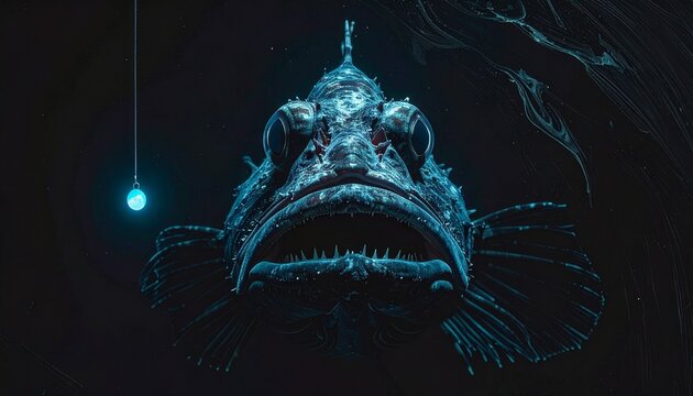 Bioluminescent deep sea anglerfish with glowing lure in dark abyss close-up