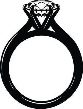 Black and white diamond ring icon illustration featuring a classic solitaire setting with a large sparkling gem