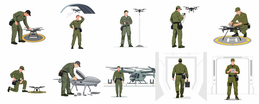 Vector illustration set of professional drone operators and technicians managing UAV maintenance, pilot control, and field operations in flat style