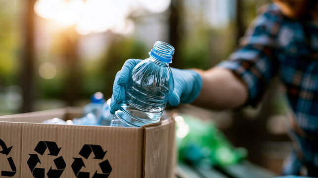 Faceless volunteer's gloved hand holding a clear plastic PET bottle beside a cardboard collection box printed with reduce reuse recycle symbols outdoor setting with soft