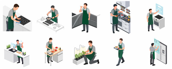 Fototapeta premium Isometric Illustration of a Man Cooking and Managing a Smart Home Kitchen Environment