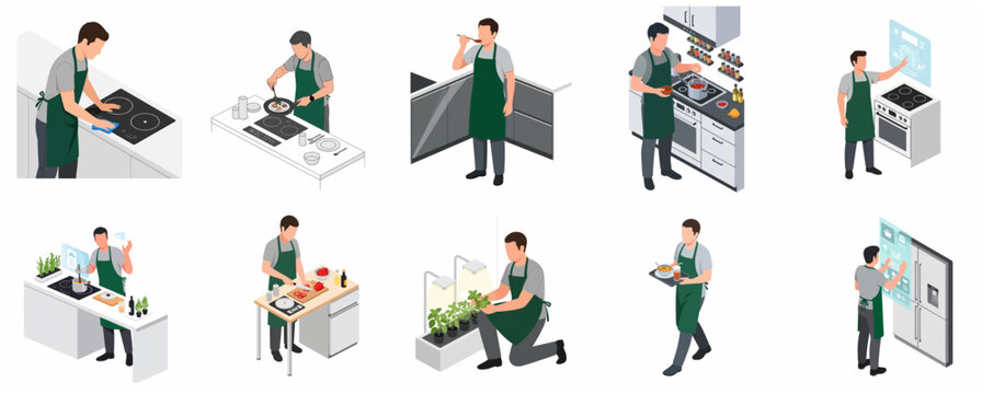 Isometric Illustration of a Man Cooking and Managing a Smart Home Kitchen Environment