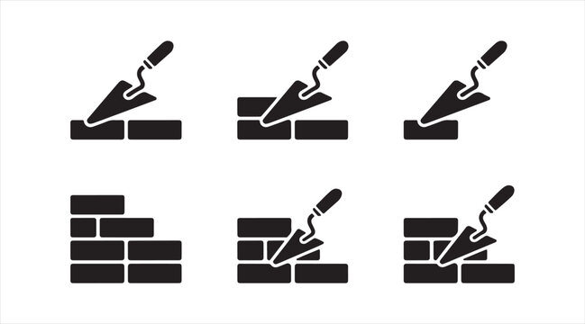 Bricklaying and masonry silhouette icon set