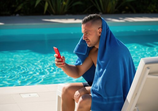 Man In Blue Towel Looking At Red Phone Screen While Sitting By The Poolside At Resort