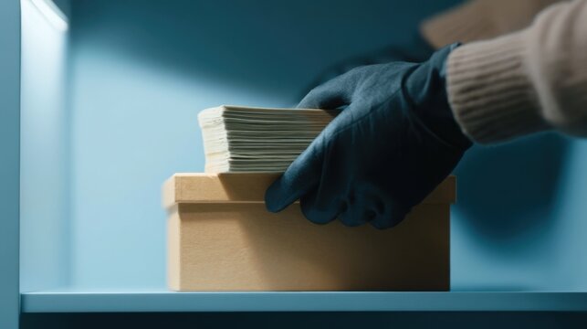 Close-up of hand wearing blue glove placing stack of paper currency into light brown cardboard box on shelf in dimly lit safety environment
