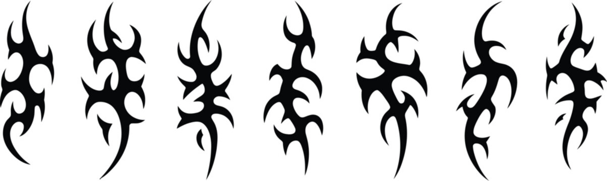 Graphic, neo tribal shape asset pack with hand drawn gothic tattoo figures, isolated black vector elements for posters stickers and design templates.