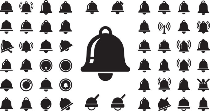 Vintage Bell Icon Set Seamless Pattern &ndash; Black Alarm, Notification and Service Bells.