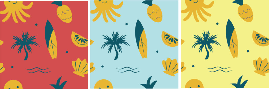 set of seamless summer pattern with pineapple, octopus and palm trees in cute flat style