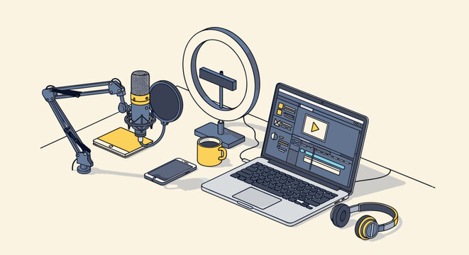 Podcast recording setup with microphone laptop ring light and headphones for content creation