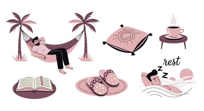Relaxation and rest concept with man in hammock and sleeping man