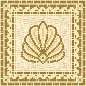 Golden shell mosaic tile ornament with scallop motif and border for ceramic decor, spa interiors, bathroom walls, packaging and coastal design. Vector.