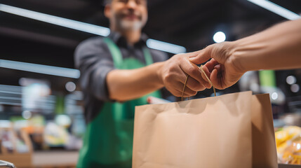 Naklejka premium Close Up of Grocery Store Worker Passing Shopping Bag to Customer