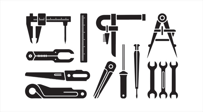 Caliper, wrench, and drafting equipment icons for engineering themes