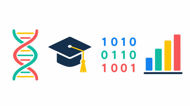 Vector illustration of DNA helix graduation cap binary code and bar chart icons representing science education data and technology concepts