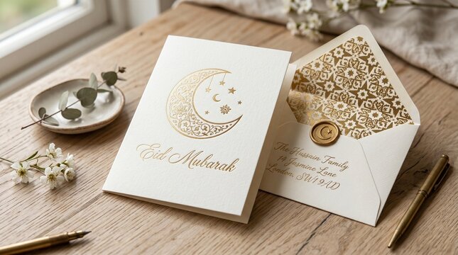 Elegant Eid Mubarak greeting card with gold foil moon, luxury stationery with patterned envelope and wax seal, festive Islamic holiday invitation