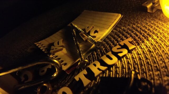 Padlock and key with letters spelling ZERO TRUST on textured surface