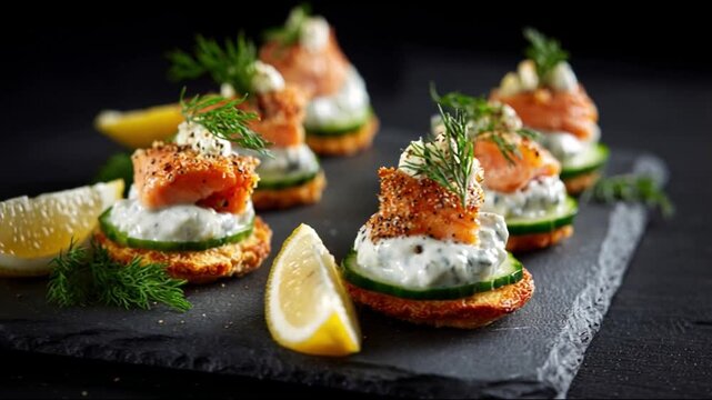 Deliciously presented smoked salmon appetizers served on crunchy cucumber slices with creamy dill sauce garnished with fresh herbs and lemon wedges for an elegant touch.