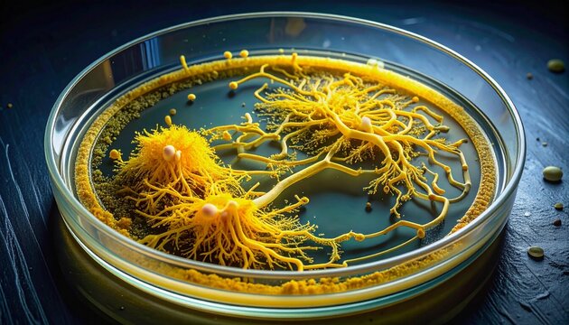 Yellow slime mold Physarum polycephalum forming network in petri dish