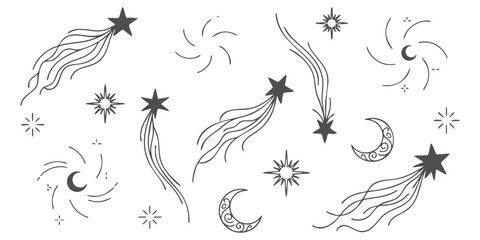 Set of hand drawn celestial elements with shooting stars moons and sparkling stars in a simple doodle sketch style © GraphixEra