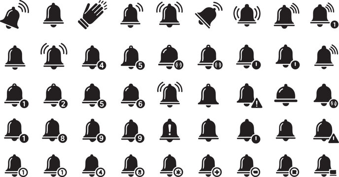 Vintage Bell Icon Set Seamless Pattern &ndash; Black Alarm, Notification and Service Bells.