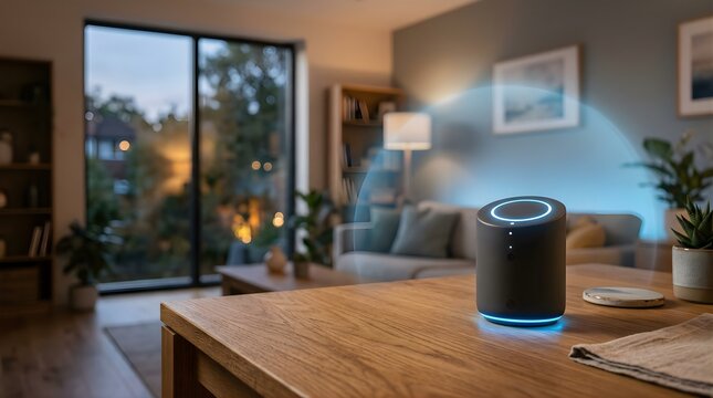 Smart home speaker with digital protection shield in a modern living room