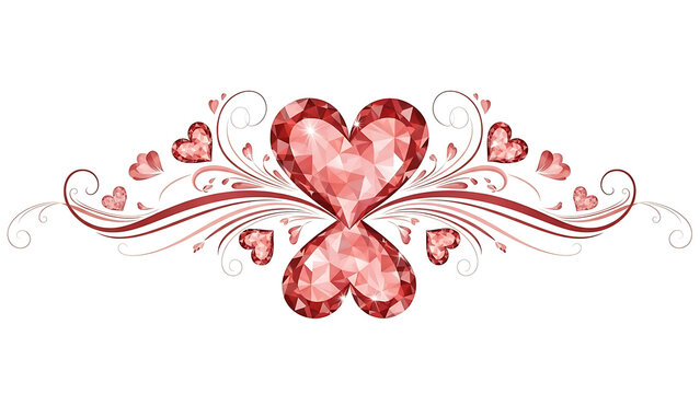 Red gemstone hearts with swirls isolated on a transparent background