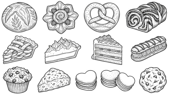 Set of 12 Hand-Drawn Bakery and Pastry Food Black and White Icons Vector