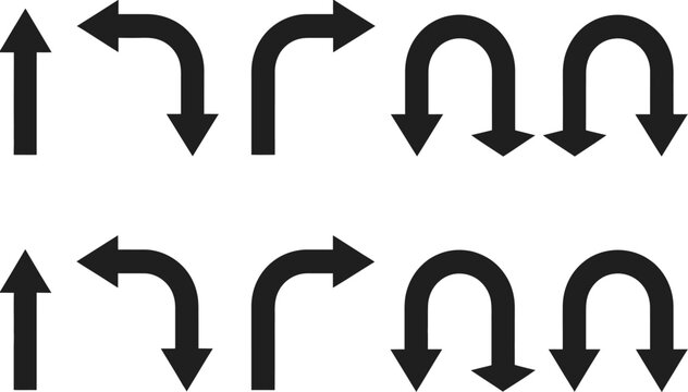 Direction, arrow sign set featuring go straight U-turn left right this way and one way only traffic safety symbols, vector illustration.