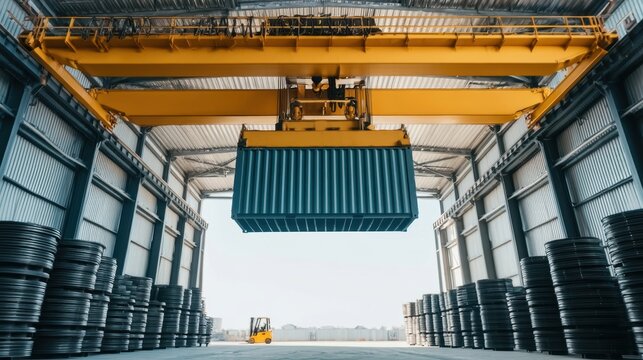 Overhead yellow crane lifting blue shipping container inside large warehouse with stacked black coils and forklift in the background under metal roof structure