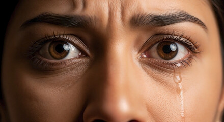 Fototapeta premium Extreme close up of a sad woman crying with a tear on her cheek. Macro portrait of brown eyes showing an expression of grief and pain. Mental health concept