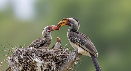 Obraz premium Parent hornbill feeds chick in nest with fuzzy offspring peeking out