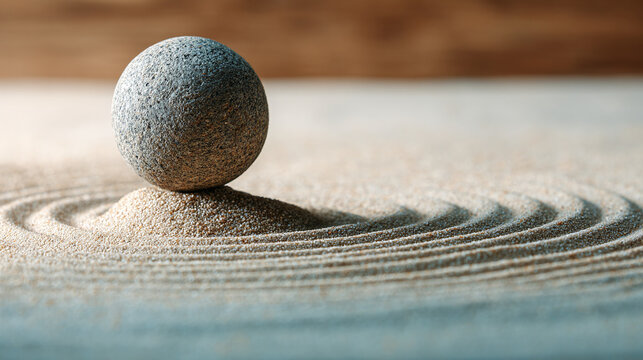 A stone pebble rests perfectly balanced atop a small mound of sand, surrounded by rhythmic ripples, creating a serene and mindful scene of tranquil contemplation and inner peace.