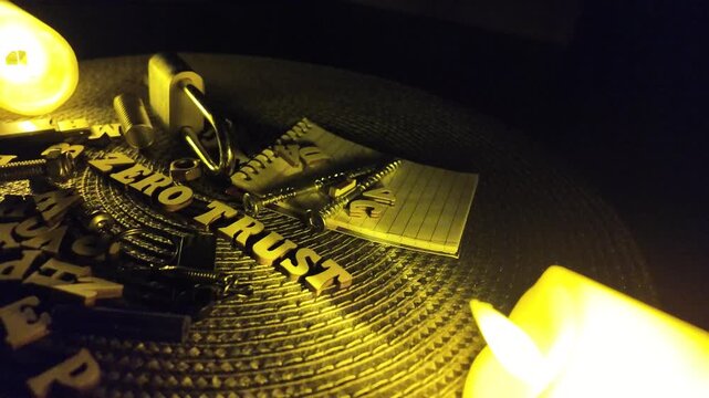 Padlock and keys on surface with Zero Trust text and scattered letters