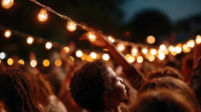 Crowd of people at an outdoor event, with their hands raised in the air. the people are silhouetted against the night sky, and the lights from the string lights create a warm glow.
