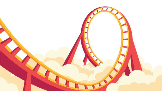 A vibrant red rollercoaster track forms a large loop while soaring through a thick cluster of soft white clouds against a bright and clear sky background.