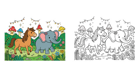 Naklejka premium Cute Cartoon Elephant and Horse Walking in a Magical Forest
