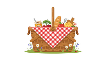 Picnic basket filled with food and flowers on grass with ladybug © Marlon