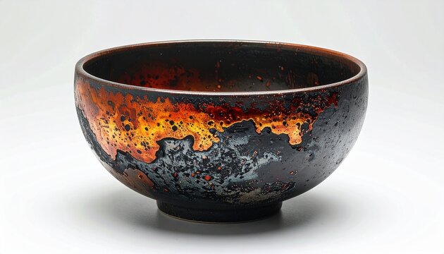 Close-up of handcrafted raku-fired ceramic tea bowl with organic glaze patterns