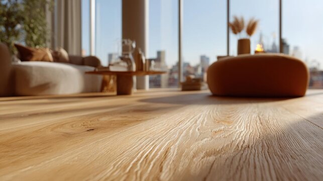 Modern living room with a large window that offers a panoramic view of the city. the floor is made of light-colored wood with a natural grain pattern.