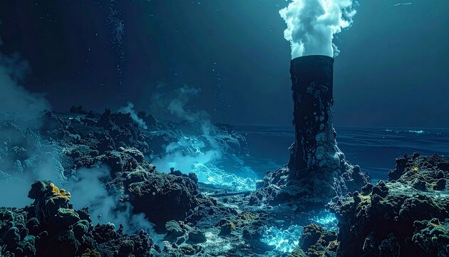 Deep sea hydrothermal vent with mineral chimney and billowing smoke plume