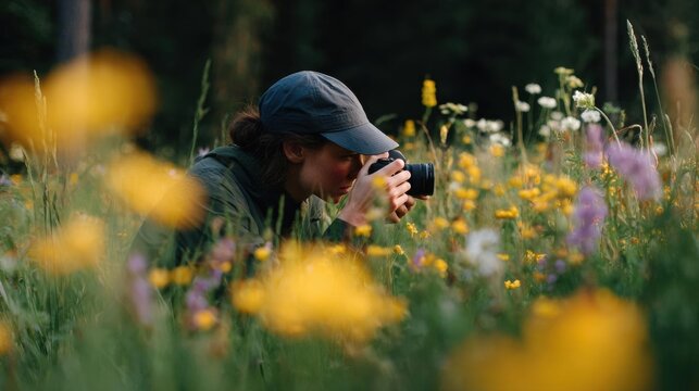 Young woman taking a photo in a field of wildflowers. she is wearing a blue baseball cap and a green jacket, and her hair is pulled back in a ponytail.