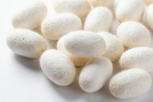 White silkworm cocoons gathered in pile on clean surface. Natural silk production start. Insect larvae create silk fiber for fabric industry. Moth pupae stage.